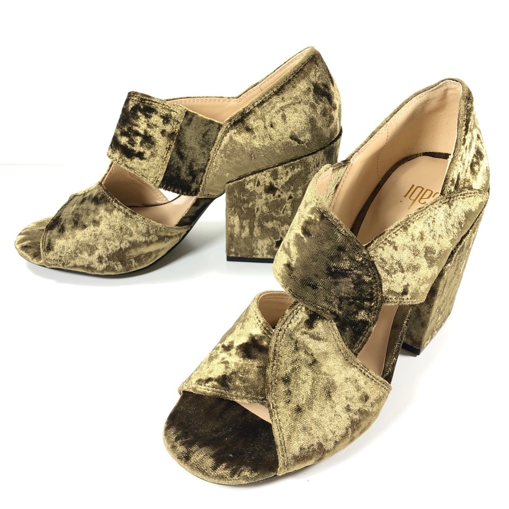 CAbi Olive Green Crushed Velvet Block Heel Sandals